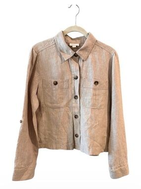 J. Jill Love Linen Jacket Small Petite 100% Linen Utility Button Front Beige